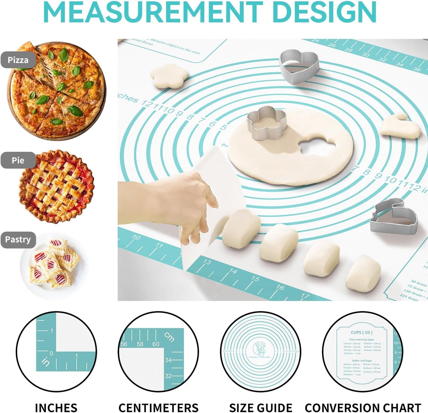 Extra Thick Silicone Baking Mat with Recipes - 26x16 inch Non Stick Pastry Mat with Measurements for Sourdough, Macarons, Bread, Pizza, Dough Rolling, Kneading, Heat Resistant to 480°F Gift for Baker