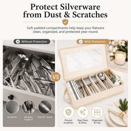 Joyfol Day Flatware Utensil Storage Case, Grey Silverware Storage Box Chest with Adjustable Dividers, Removable Cutlery Storage Holder with Zipper Lid for Organizing Spoon/Flatware/Knives