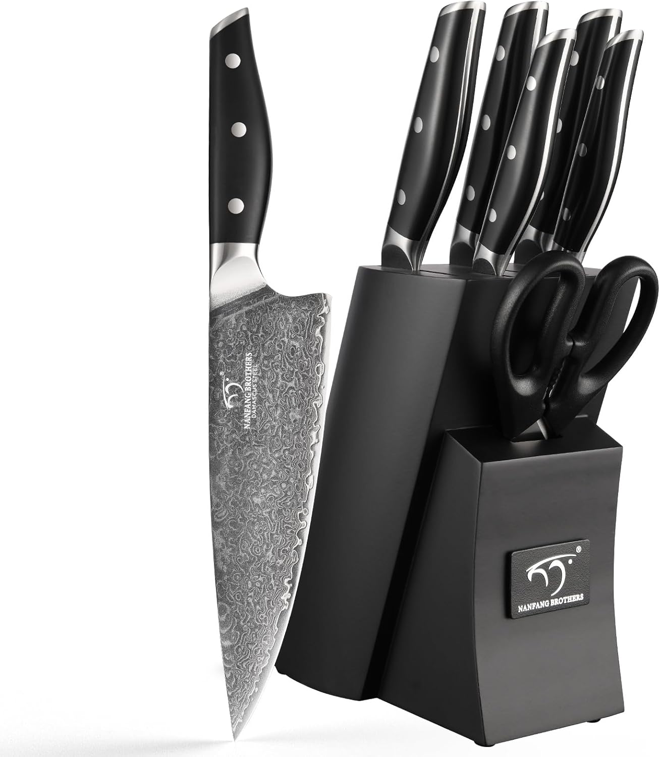 Damascus Knife Set with Block for Kitchen, 7-Piece VG10 Damascus Steel Kitchen Knife Set with Triple-Rivet Handles, Chef, Bread & Santoku Knives, Shears, Natural Wooden Block