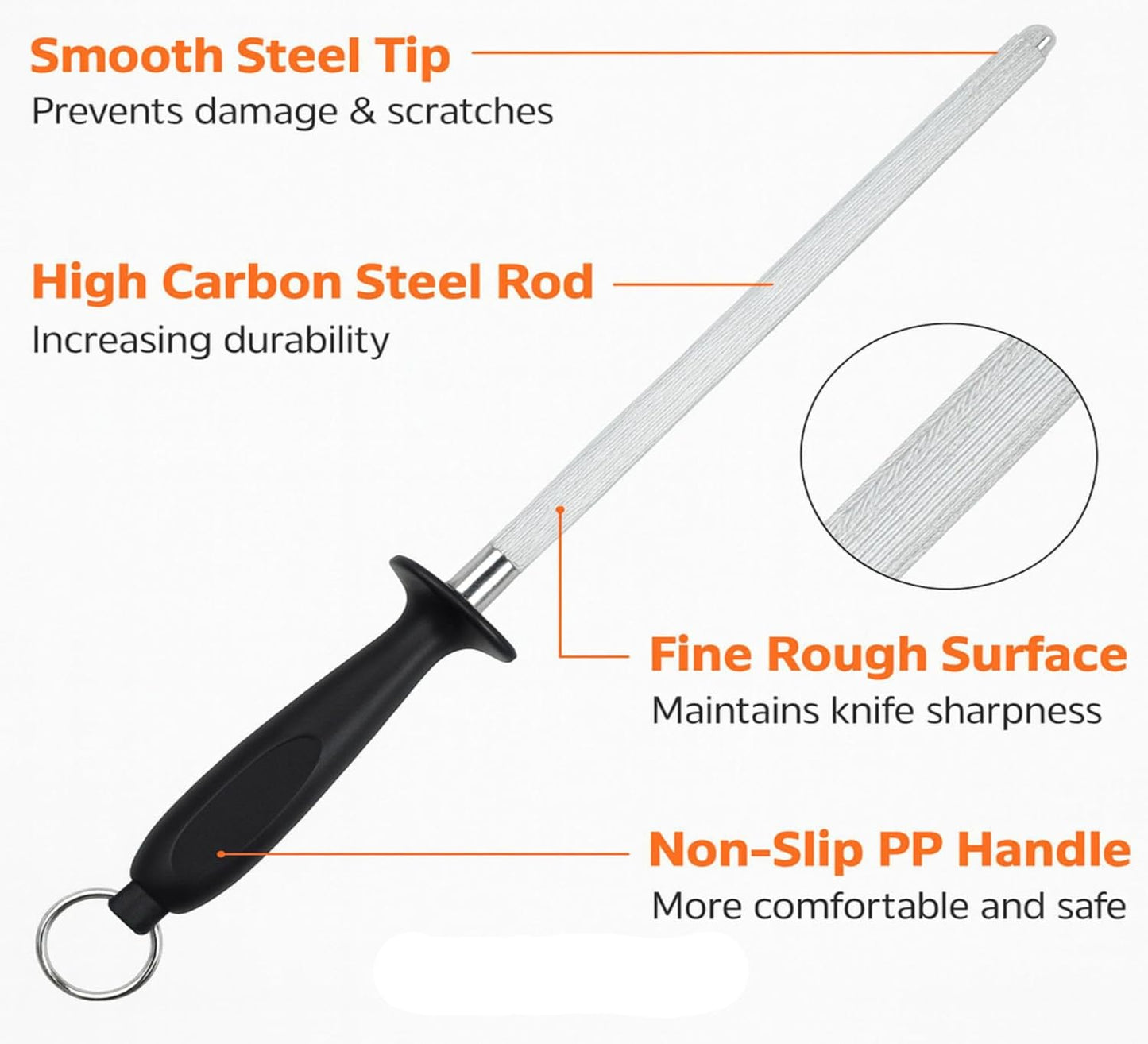 Honing Rod 10 Inch, Knife Sharpener for Kitchen Knives, Magnetized High Carbon Steel Honing Steel with Ergonomic Handle, for Chef and Butcher Knives
