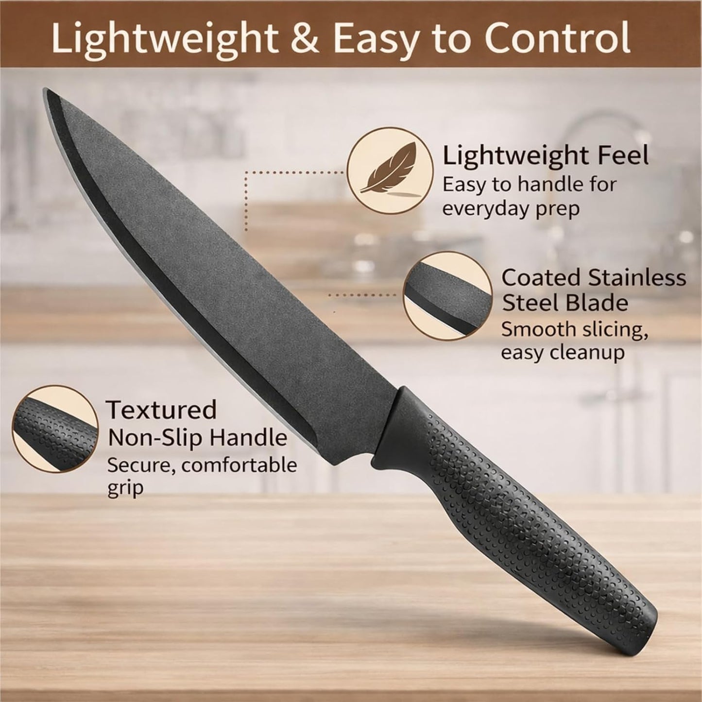 Small Knife Block Set, Modern Kitchen Knife Scissors with Universal Round Holder, Home Apartment New Kitchen Essentials, Space Saving, Dishwasher Safe(Black, 7PCS)