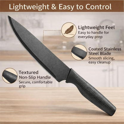 Small Knife Block Set, Modern Kitchen Knife Scissors with Universal Round Holder, Home Apartment New Kitchen Essentials, Space Saving, Dishwasher Safe(Black, 7PCS)