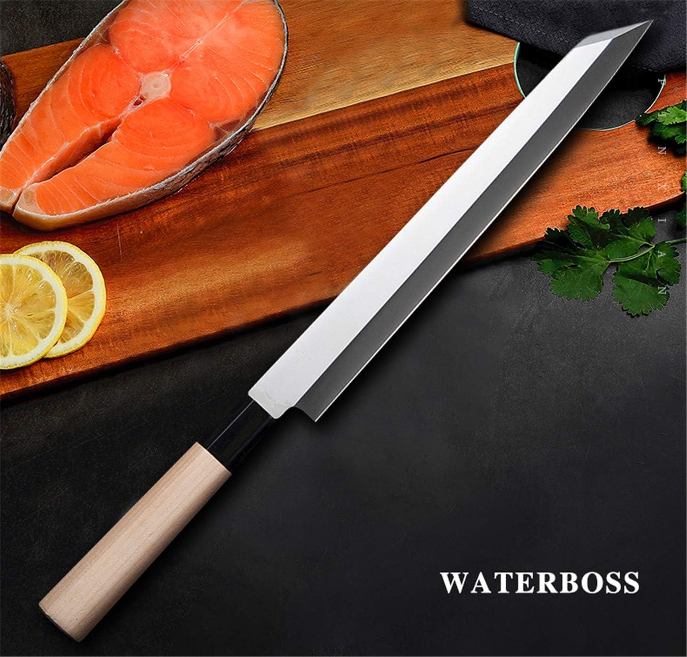 Waterboss,Japanese Sushi Chef Knife Salmon Knife Slicer Razor Sharp Sashimi Watermelon Knives, 5Cr15mov Stainless Steel Sashimi Yanagiba Knife, Maple Handle, 11.8inch (300mm)