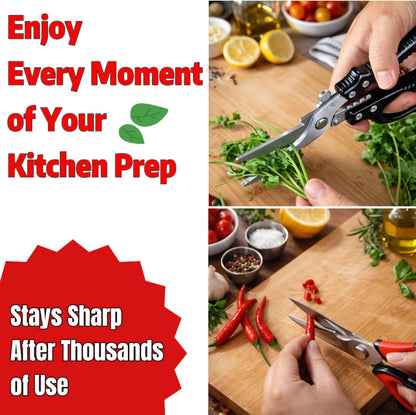 2-Pack Heavy Duty Kitchen Shears - Ultra Sharp All Purpose Food Scissors for Cutting Chicken Bones, Meat & Vegetables, Multi-Function Stainless Steel Cooking Shears (Black & Red)