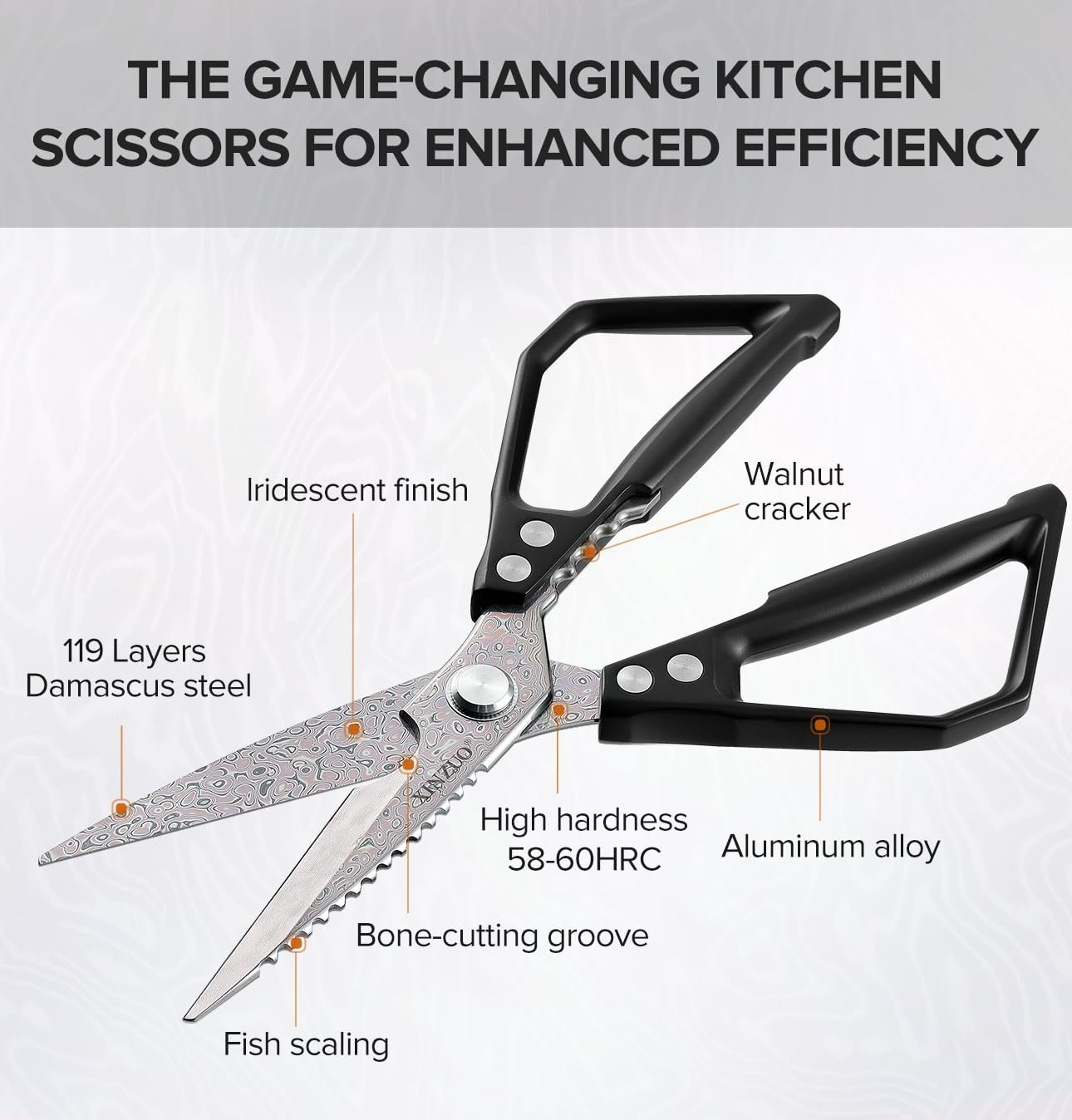 XINZUO Sandvik 14C28N Stainless Steel Multi-Purpose Kitchen Shear,Heavy Duty Kitchen Food Scissors For (Meat/Herbs/Poultry),With Silver Aluminum Alloy Handle