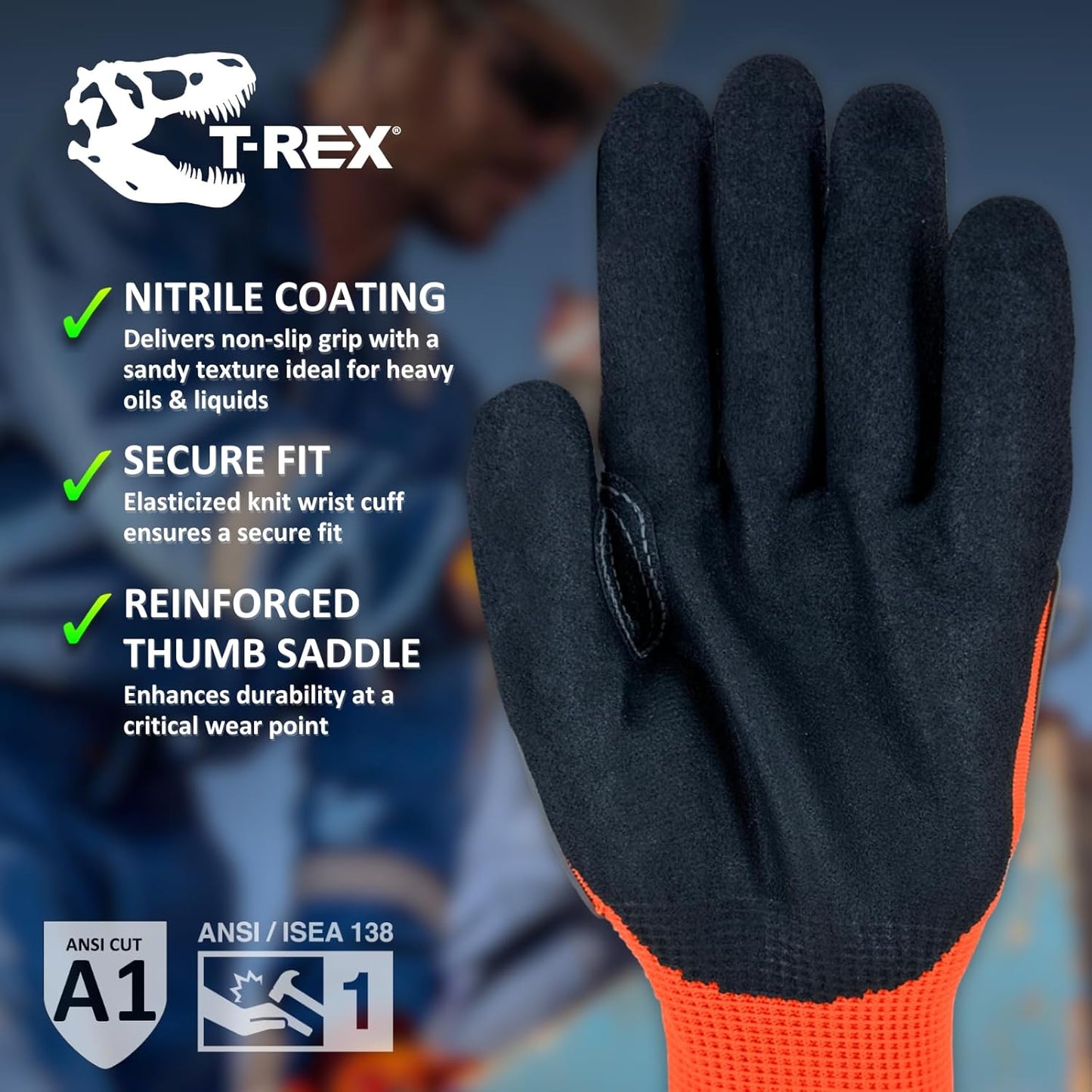 MAGID T-REX Flex Series Sandy Nitrile Coated Knit Impact Gloves, 1 Pair, 9/Large, TRX400