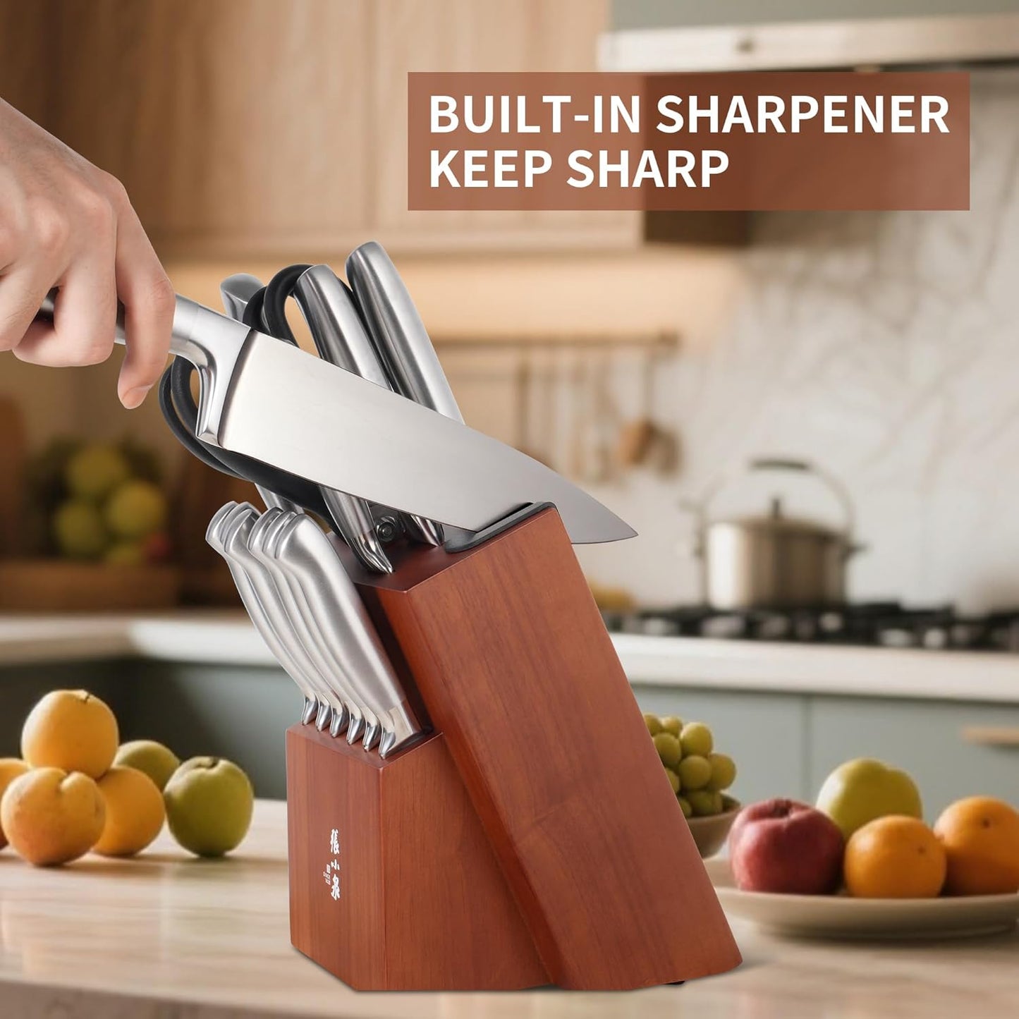 ZHANG XIAO QUAN Knife Set with White Block, High Carbon Stainless Steel Sharp Blades, Built-in Sharpener Kitchen Knife Block Set for Home Cooking