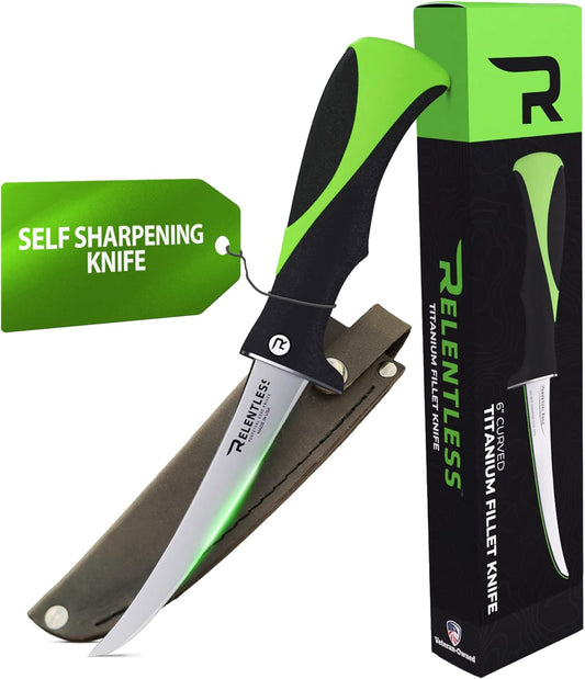 Relentless 6" Straight Fillet Knife - Titanium Perpetual Edge™ Self-Sharpening Blade - True Grit™ Non-Slip Handle - Aerospace-Grade Titanium - Flex Fillet Knife - Made in USA with Leather Sheath
