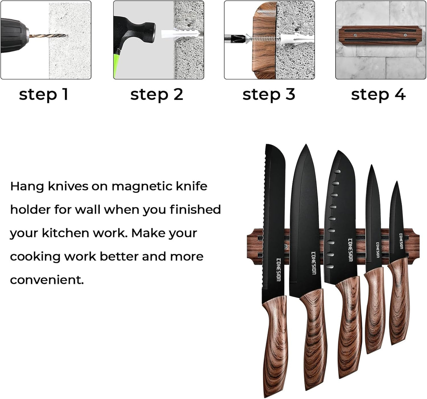 Cohesion 5 PCS Kitchen Knife Set with Magnetic Knife Strip for Wall, Ultra Sharp Kitchen Knives Set with Sheathes and Gift Box for Multipurpose Cooking with Ergonomic Handle