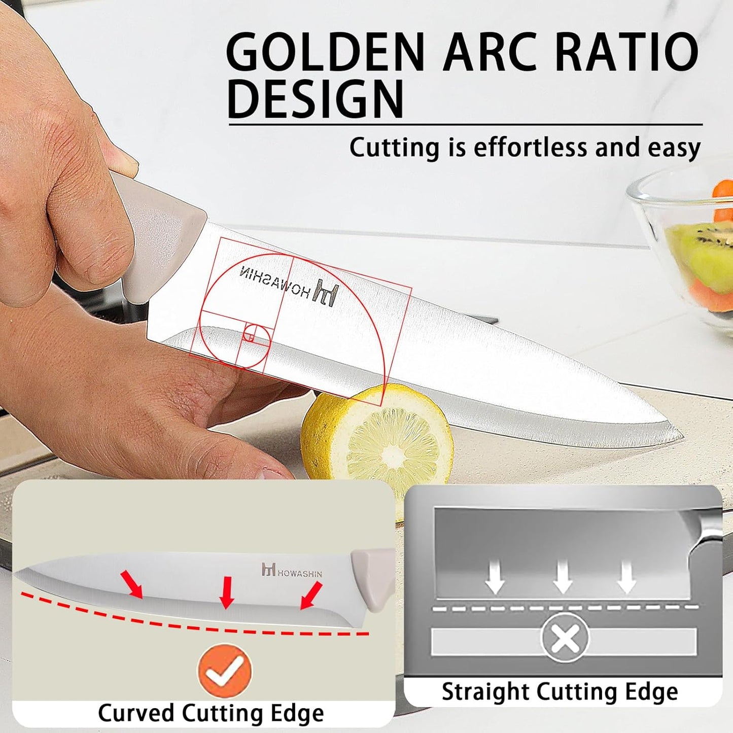 Knife Set, Howashin 6-Piece Khaki Professional Stainless Steel Knives for Kitchen with Universal Knife Block - Non-Stick Sharp Blade Chef Knife Set with Cylindrical Knife Block for Gift.