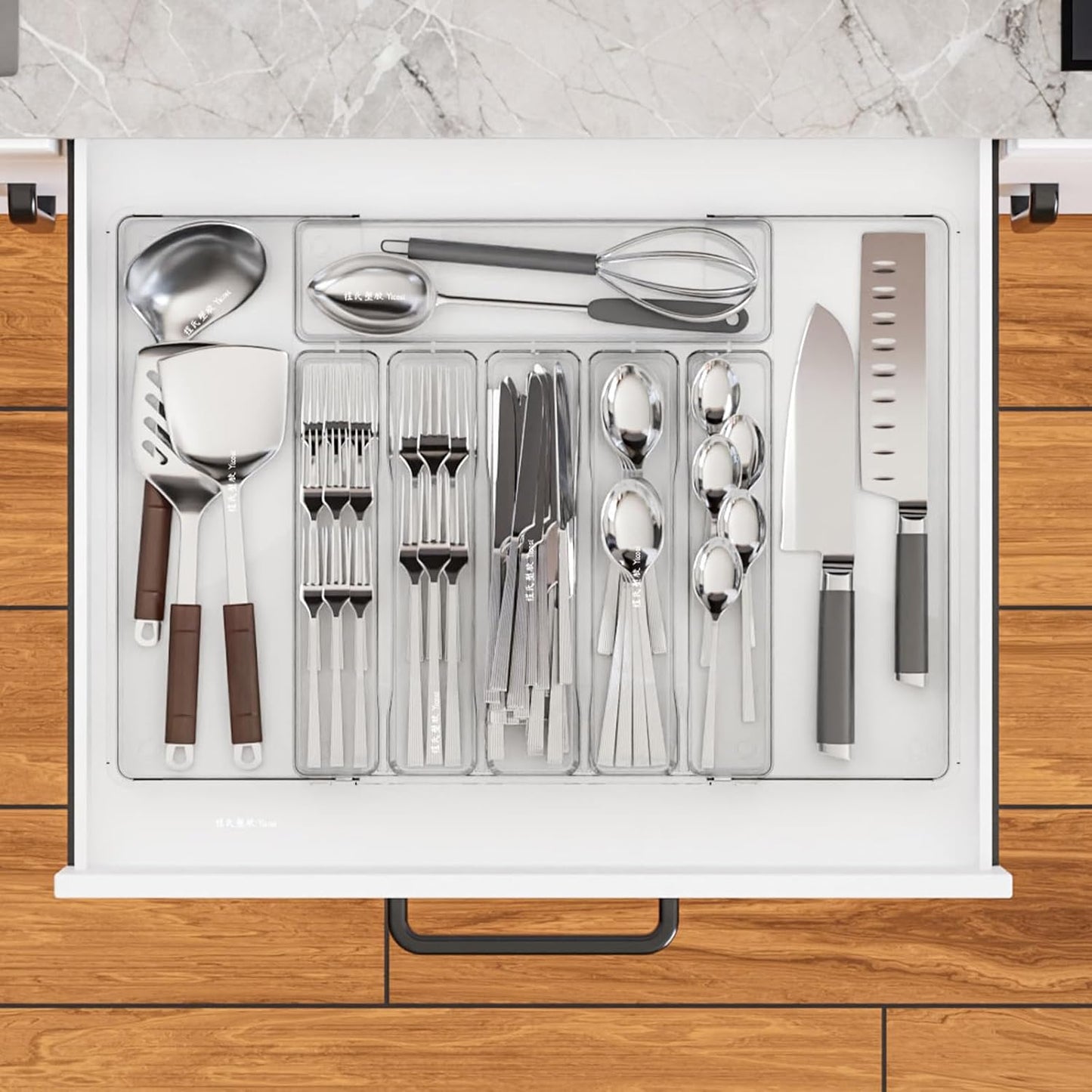 Yieach Black Expandable Silverware Drawer Organizer - Adjust From 11'' to 22'' - Knife,Cutlery,Spoons and Forks Organizer,Large 8 Grid Flatware,Silverware Tray,Utensil Organizer for Kitchen Drawers