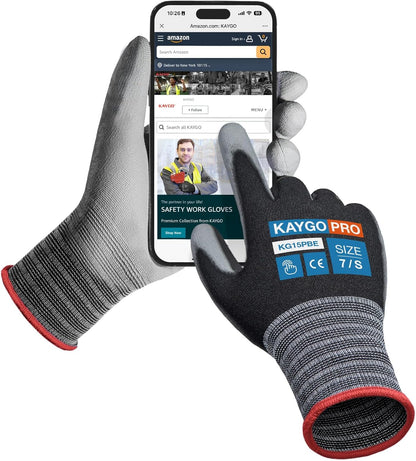 KAYGO Ultra Thin PU Coated Safety Work Gloves, 12 Pairs Nylon Knit, High Dexterity Anti-Slip Breathable Light Duty Gloves for Precision, Warehouse, DIY & Electronics (L,Gray)
