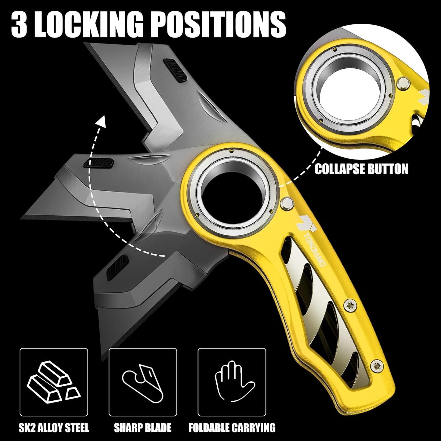 Tondiamo 4 Pcs Folding Pocket Utility Knife Heavy Duty Box Cutter Folding Razor Knife with Anti Slip Finger Loop Easy Change Blades 3 Lock Positions Design (Yellow,Red,Black,Green)