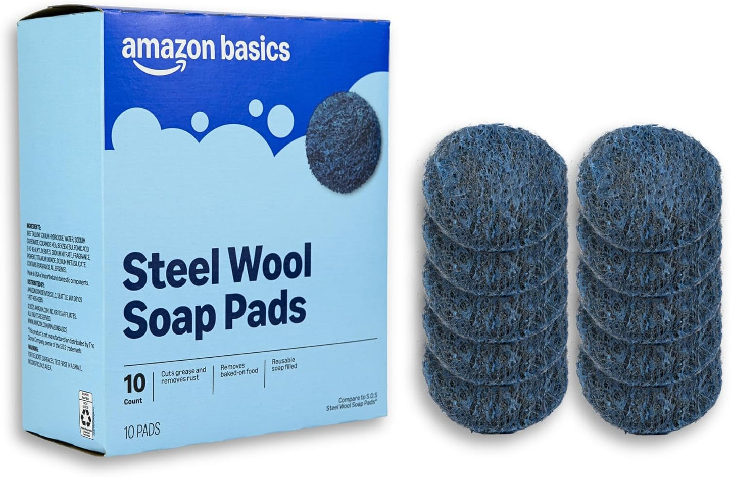 Amazon Basics Steel Wool Soap Pads, Reusable, Cuts Grease and Removes Rust, 10 Count, Pack of 1