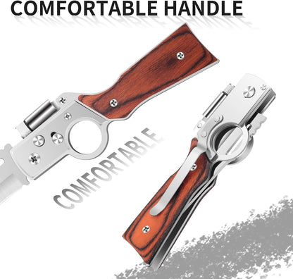 AK47 Style Tactical Folding Pocket Knife – EDC Gift for Men with LED Light, Wood Handle & Pocket Clip, Laser Engraving Ready, Outdoor Camping Hiking Gear (1)