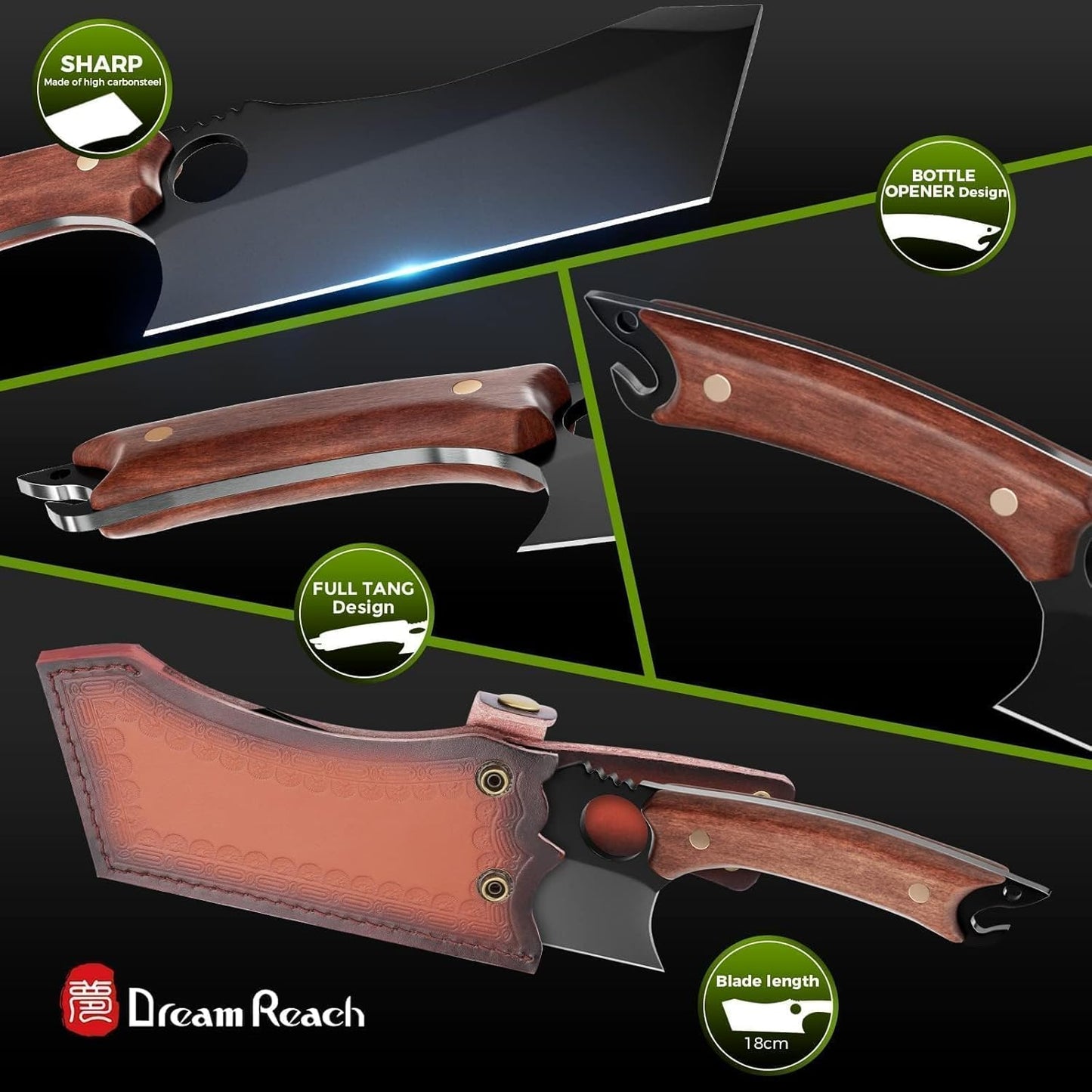 Dream Reach Meat Cleaver, 6.9 inch Black Boning Knife, High Carbon Steel Sharp Kitchen Forged In Fire Knife with Sheath Gift Box Bottle Opener for Outdoor Camping, Christmas Gifts for Men Women