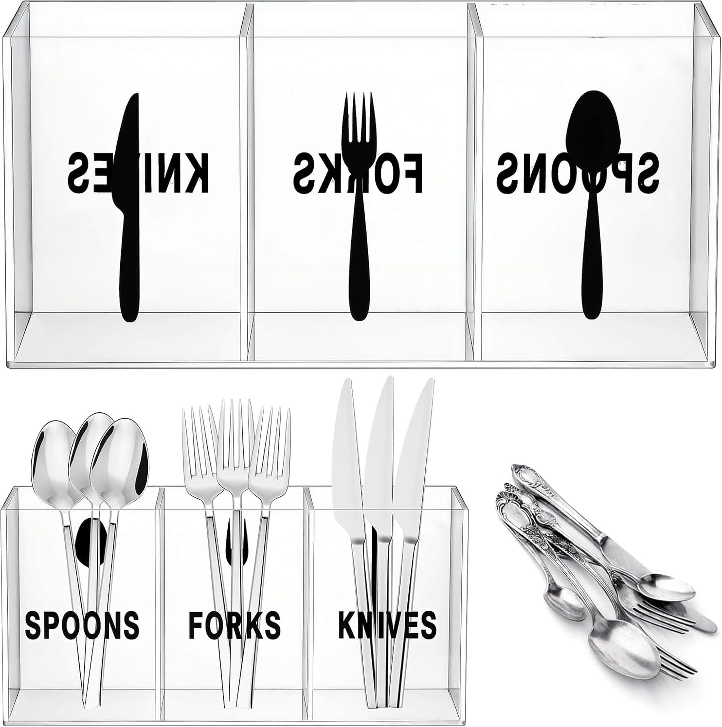 Suzile Acrylic Cutlery Storage Organizer Plastic Utensil Holder Clear Silverware Organizer 3 Section Tableware Storage Box Countertop Fork Spoon Knife Holder Party Flatware Caddy for Kitchen Storage