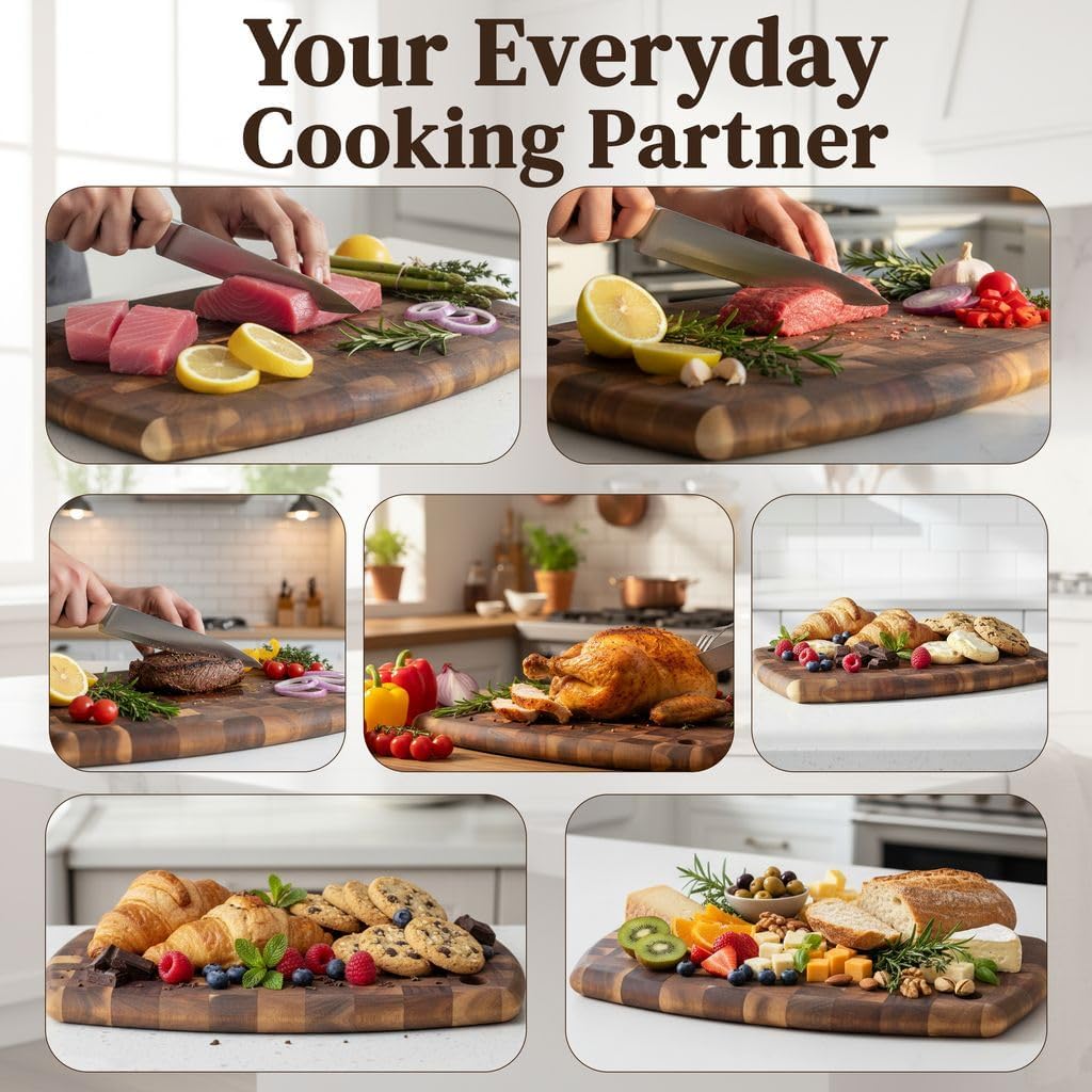 End Grain Acacia Wood Cutting Board 14" x 10" x 0.8" with Hanging Hole, Thick & Durable Butcher Block for Meat, Cheese, Fruit & Kitchen Prep – Knife Friendly, Non-Toxic, Plastic-Free by New M Way