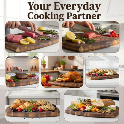 End Grain Acacia Wood Cutting Board 14" x 10" x 0.8" with Hanging Hole, Thick & Durable Butcher Block for Meat, Cheese, Fruit & Kitchen Prep – Knife Friendly, Non-Toxic, Plastic-Free by New M Way