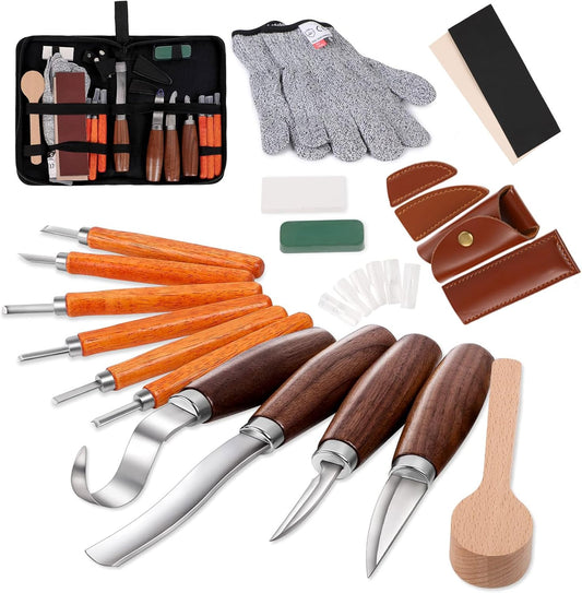 Wood Carving Tools Set,Detail and Hook Carving Knife Kit for Beginners,Trimming Knife for Spoon Bowl Cup Woodwork,Round handle design and 6pcs SK2 Carbon Steel Wood Carving Knives（10pcs）