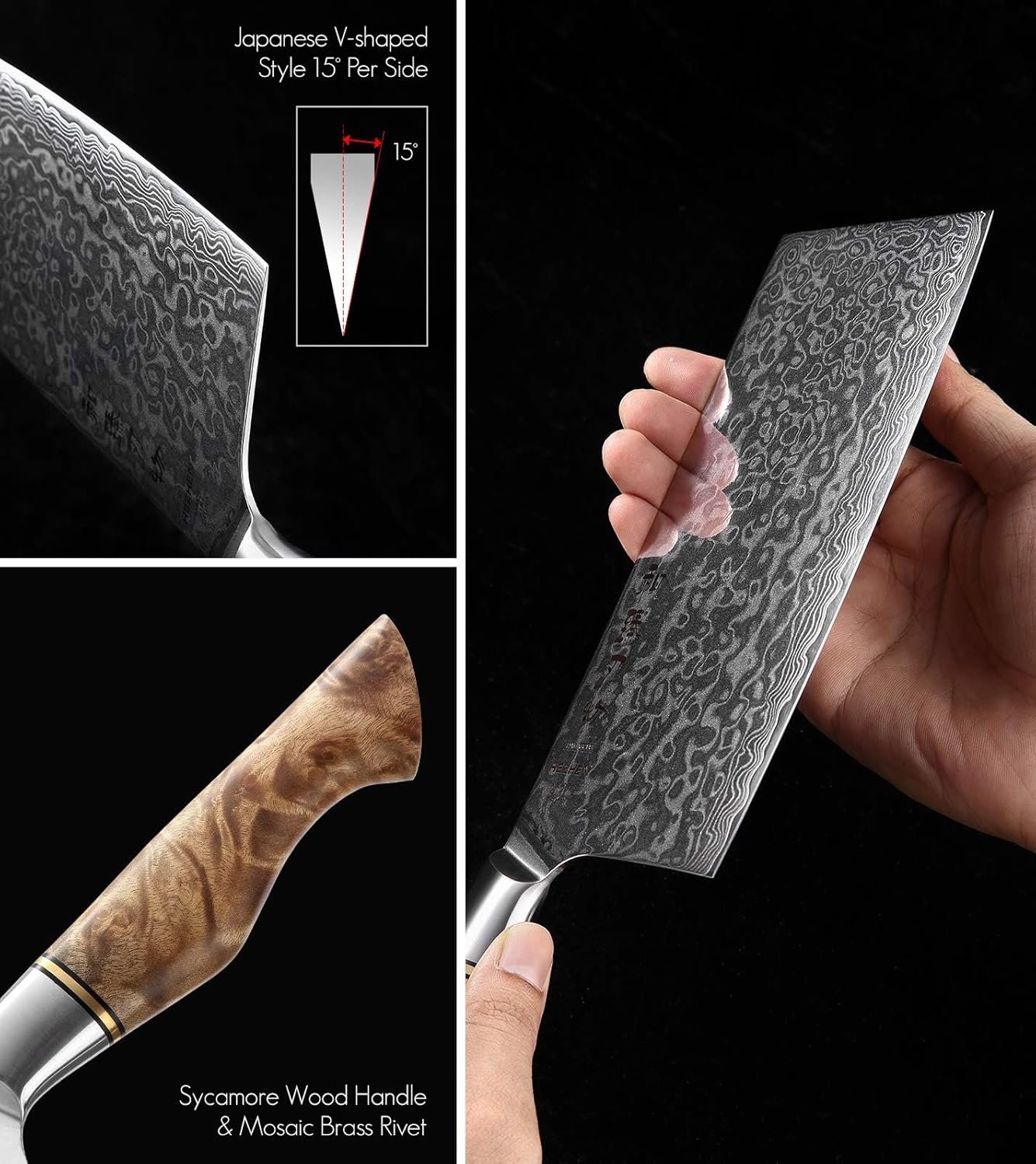 HEZHEN 6PCS Kitchen Knife Set Professional Forged Damascus High Carbon Steel Steak Knife Figured Sycamore Wood Handle-Porcelain Gift Package