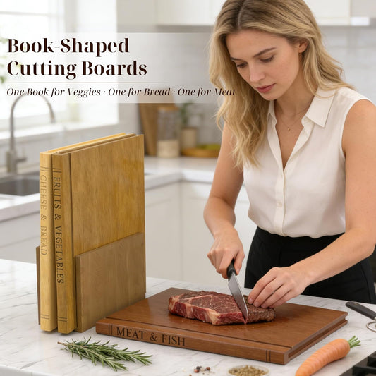 Book Cutting Board Set with Wooden Stand-Wooden Kitchen Cutting Boards That Look Like Books for Vegetables Cheese Meat,3pcs Chopping Board Gift Set for Home Cooks & Kitchen Decor
