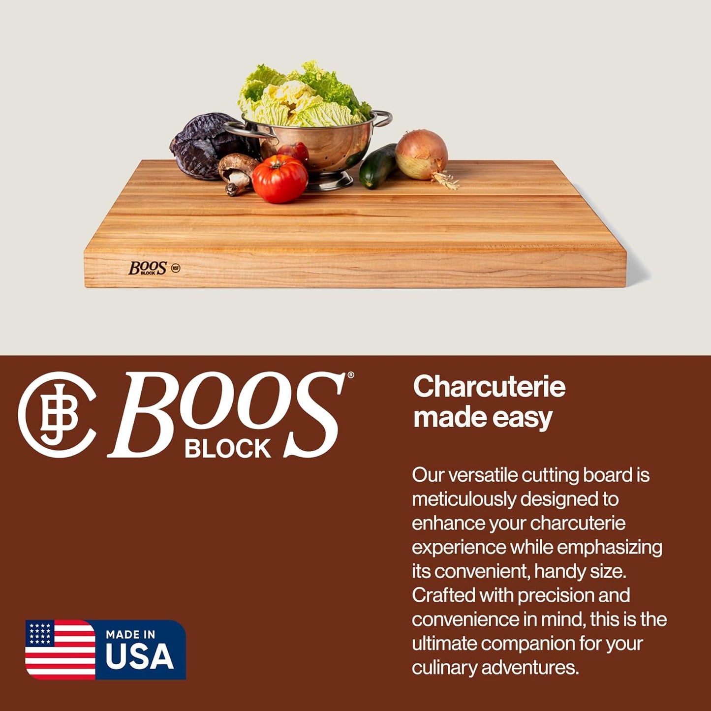 John Boos Handle Boards Series Rectangular Wooden Maple Cutting Board 24”x18” – 2.25” Thick, 30-lb Reversible Butcher Block with Juice Groove, Edge-Grain & Metal Handles