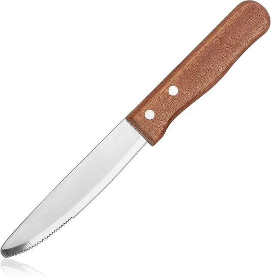 New Star Foodservice 58925 10-Inch Steak Knife, 5-Inch Rounded Serrated Blade with Wood Handle, Jumbo, Set of 12