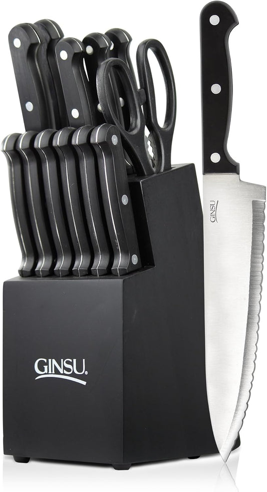 Ginsu Kiso 14-Piece Red Knife Set with Black Block - Dishwasher Safe and Always Sharp