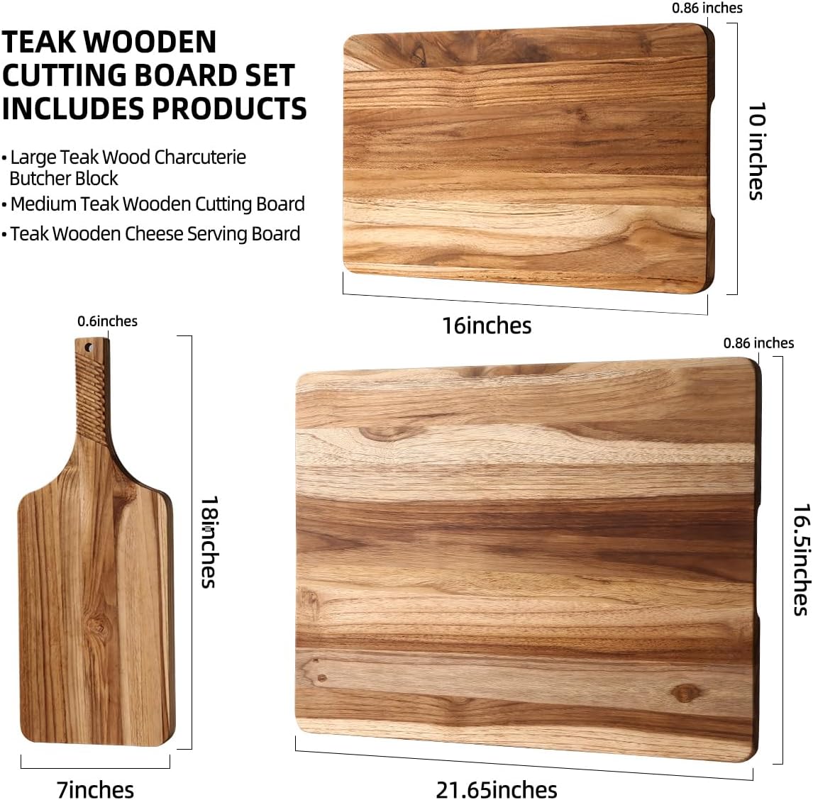 Teak Wood Cutting Board Set of 3 for Kitchen, Thick Chopping Board, Large Wooden Cutting Board Set, Wooden Trays for Turkeys, Meat, Fruit and Cheese