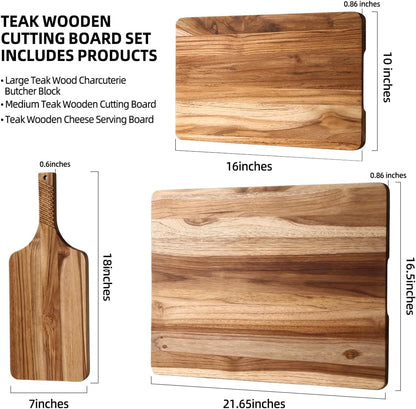 Teak Wood Cutting Board Set of 3 for Kitchen, Thick Chopping Board, Large Wooden Cutting Board Set, Wooden Trays for Turkeys, Meat, Fruit and Cheese