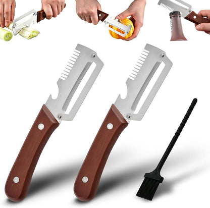 2PCS Multifunctional Vegetable Peeler, Upgrade 3-in-1 Wooden Handle Peelers with Bottle Opener, Premium Stainless Steel Peeler, Fruit Knife for Welsh Onion, Potato, Carrot, Apple, Pumpkin with a Brush