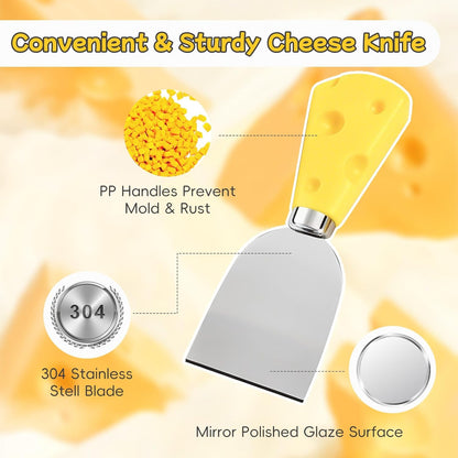 Cheese Slicer, with Measuring Grids Board & 6 Piece Cheese Knives, Stainless Steel Cheese Cutter with Blade, for Block Cheese, Butter and Sausages, Dishwasher Safe
