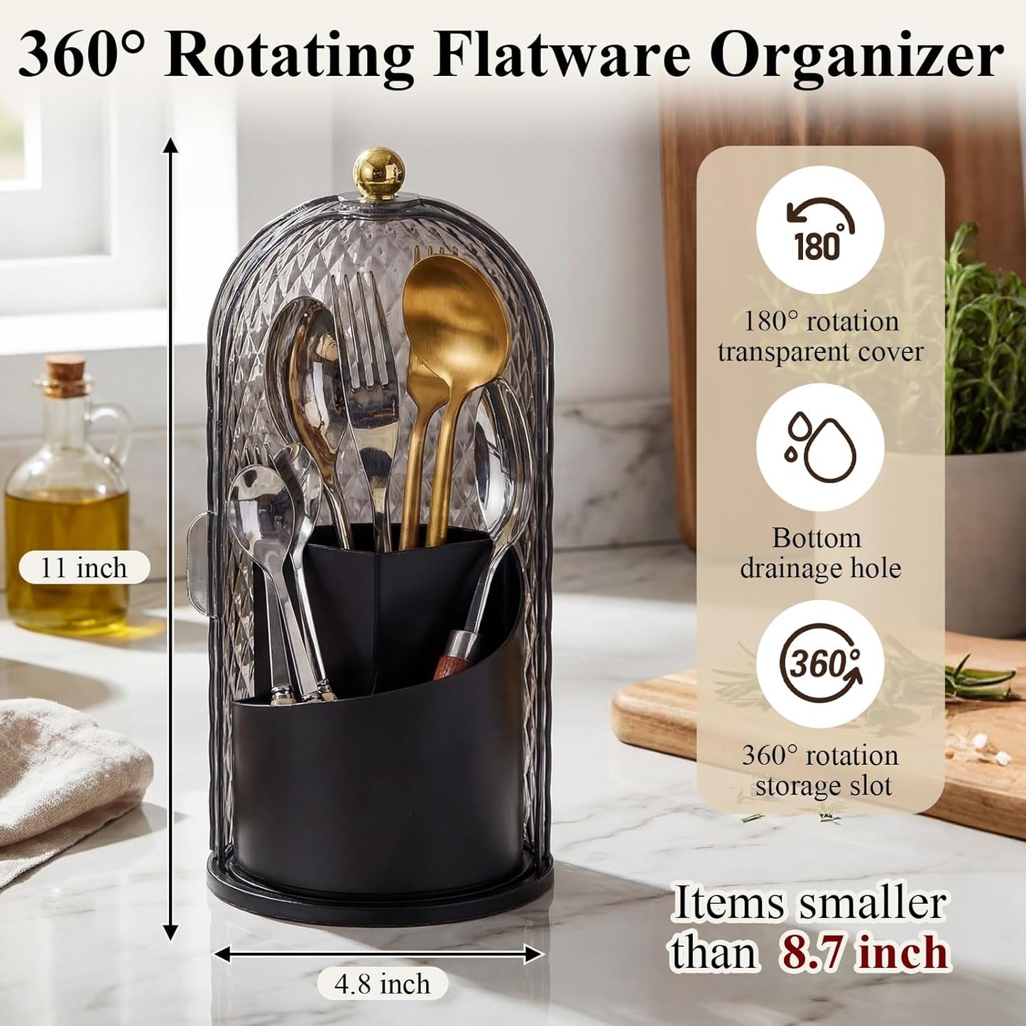 2 Pack 360° Rotating Silverware Organizer, Utensil Holder with Lid for Kitchen Counter Silverware Caddy with Drainage Dustproof Flatware Holder for Cutlery Spoon Fork(Diamond White,3 Slot)
