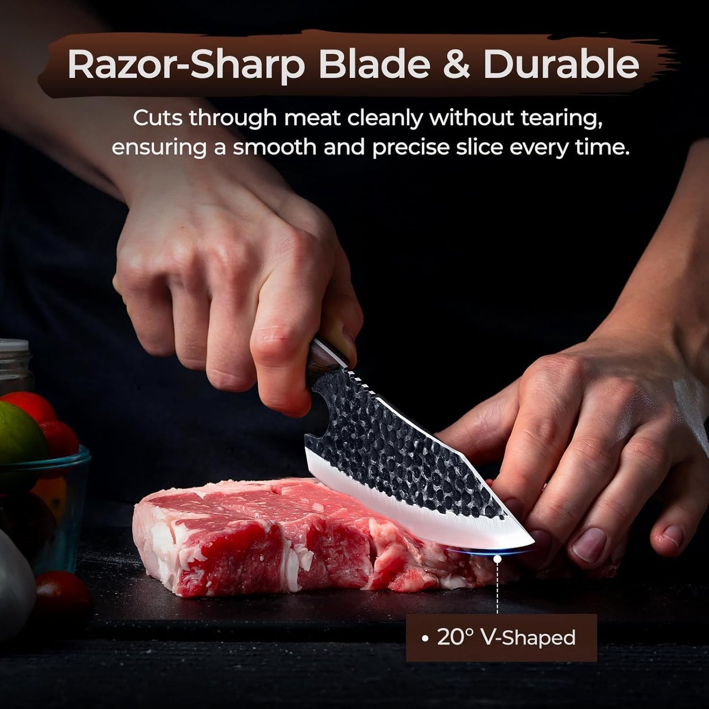Butcher Knife Meat Cleaver Knife, Hand Forged Japanese Knife Set of 3, High Carbon Kitchen Knife & Serbian Chef Knife & Boning Knife for Meat Cutting, Outdoor Cooking BBQ Camping Gift for Men