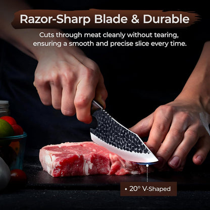 Butcher Knife Meat Cleaver Knife, Hand Forged Japanese Knife Set of 3, High Carbon Kitchen Knife & Serbian Chef Knife & Boning Knife for Meat Cutting, Outdoor Cooking BBQ Camping Gift for Men