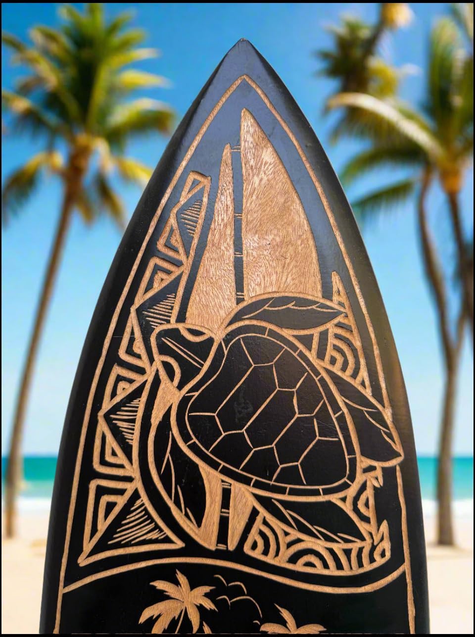 The Tiki Stop Hand Carved Wooden Surfboard Wall Plaque, Tropical Island Scene with Sea Turtle and Hibiscus, 39 x 10 inches