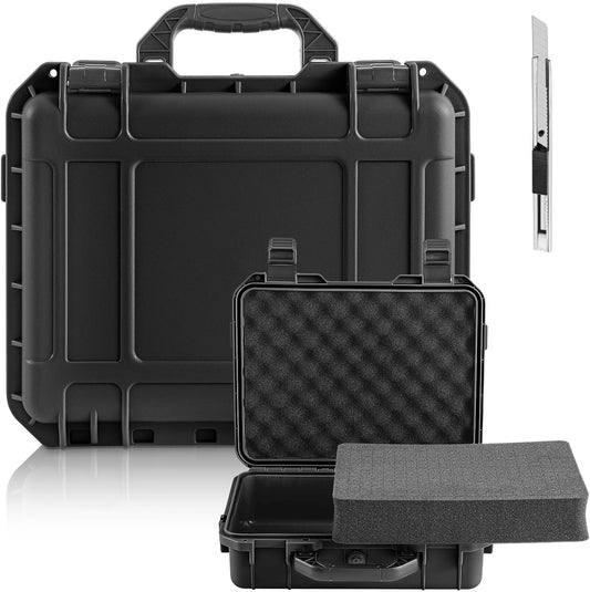 Relaxweex 1 Pcs Waterproof Hard Case with DIY Customizable Foam Insert Portable Protective Case with Knife for Camera Drones Equipments Tools Test Instruments(Black,14.3 x 11.4 x 4.5 Inch)