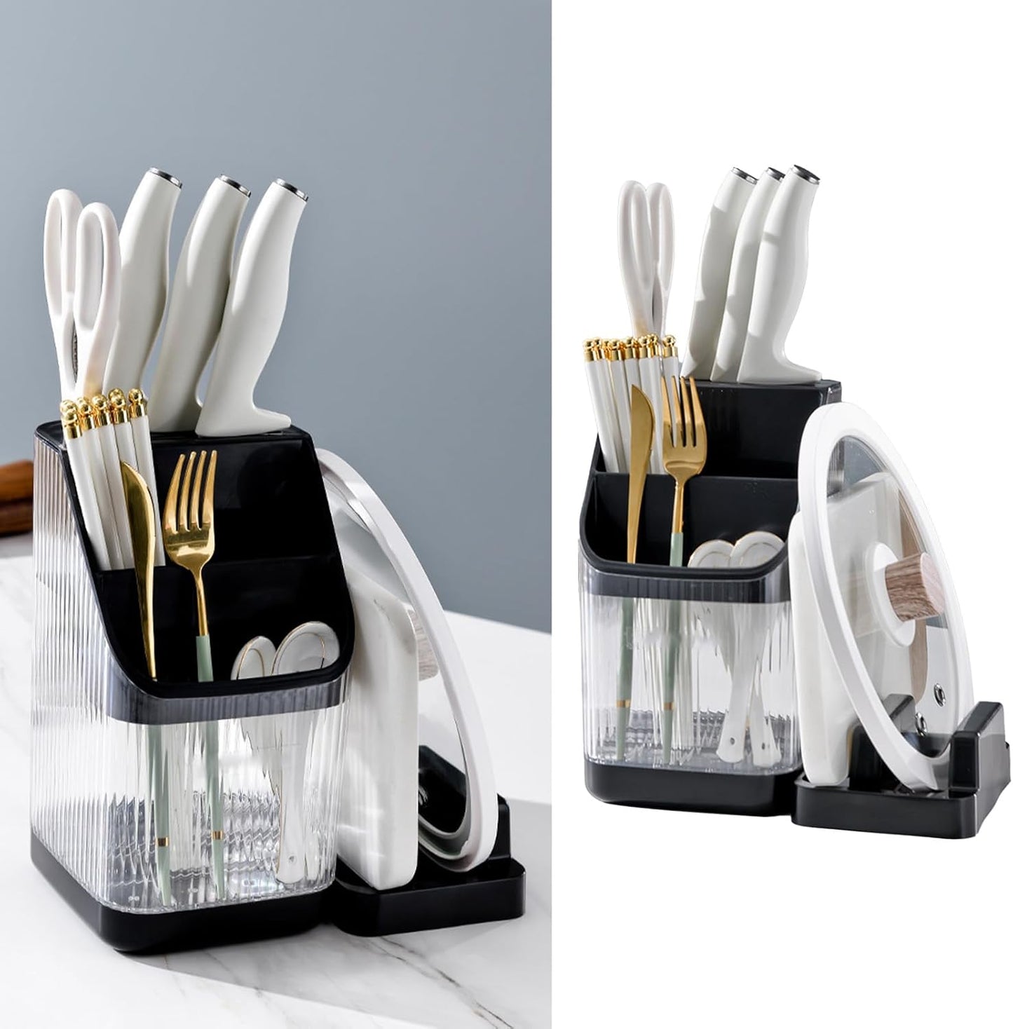 Kitchen Knife Holder,Universal Multifunctional Kitchen Storage Rack,Modern Fashionable Knife Utensil Organizer for Kitchen Countertop Cutting Board Pot Cover Chopsticks Fork(white)