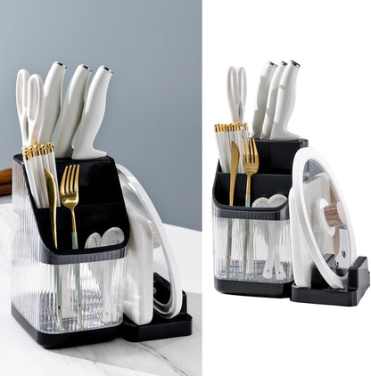 Kitchen Knife Holder,Universal Multifunctional Kitchen Storage Rack,Modern Fashionable Knife Utensil Organizer for Kitchen Countertop Cutting Board Pot Cover Chopsticks Fork(white)