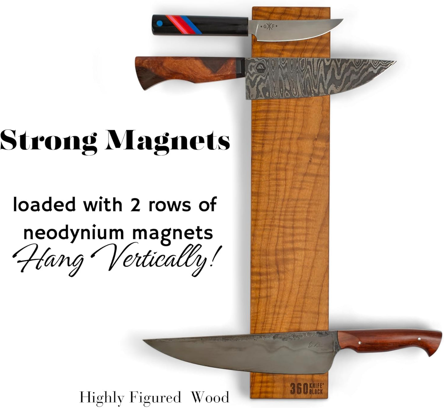 360KnifeBlock magnetic knife BAR - Guitar Wood - 2 Rows of Magnets, 'magic floating backer' w/level system, 2"screws - handmade in Washington (Guitar wood, 18" wide)