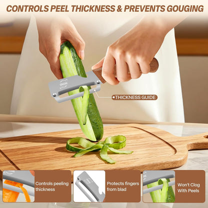 Multi-Functional Vegetable Peeler, Non-Slip Wooden Handle with Sharp Stainless Steel Blade, Built-in Bottle Opener - Perfect Kitchen Peeler For Veggie, Fruit, Potato, Carrot, Apple