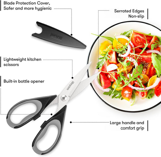 iBayam 3-Pack 8.5"Kitchen Scissors All Purpose Heavy Duty with Protective Sheath, Soft Grip Comfort Handle, Dishwasher Safe Kitchen Utensils Gadgets Set, Stainless Cooking Meat Poultry Food Shears
