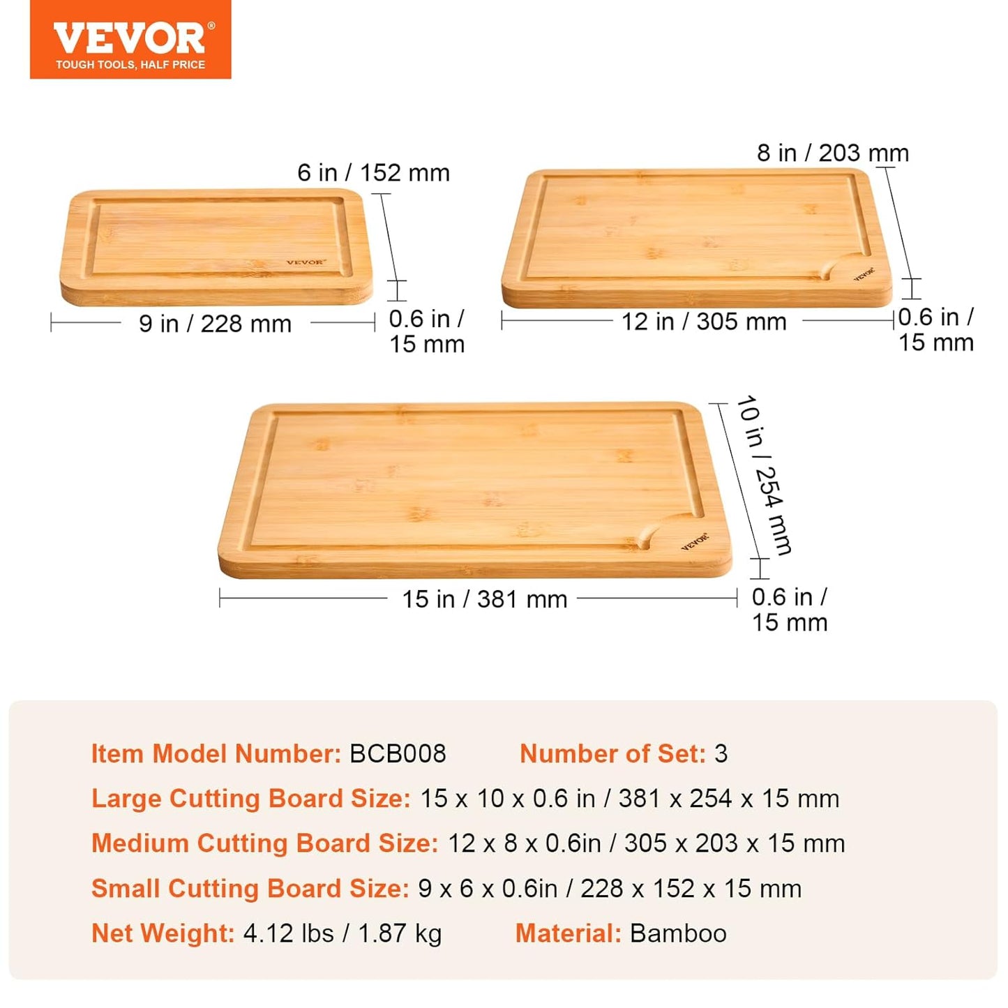 VEVOR Cutting Board 3 Pieces, Premium Versatile Bamboo Cutting Board, Food-Grade Oil and Juice Groove,Sturdy Durable Chopping Board, Built-in Handle, Wooden for Display Chopping Serving