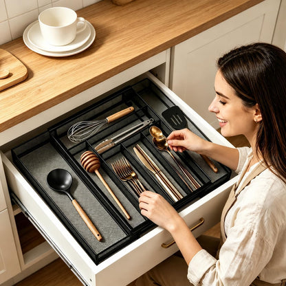 Sedegn Silverware Organizer Metal Mesh, Large Drawer Organizer, Utensil Cutlery Tray for kitchen drawers, Flatware Organizer with 6 Compartment, Black (11.3”*16“)
