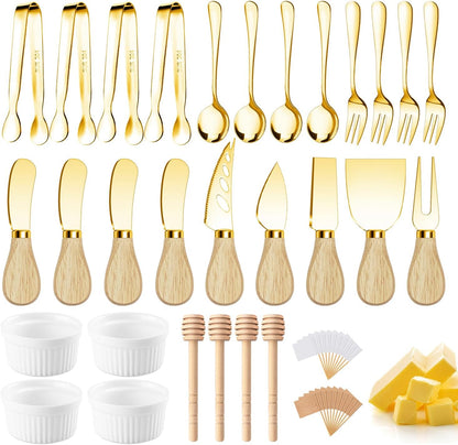 Charcuterie Boards Accessories Gold Charcuterie Utensils Cheese Spreader Knife Set Small Serving Tongs Forks and Spoons Dipping Bowls Honey Dippers Toothpick Flags for Appetizers & Serving Platters
