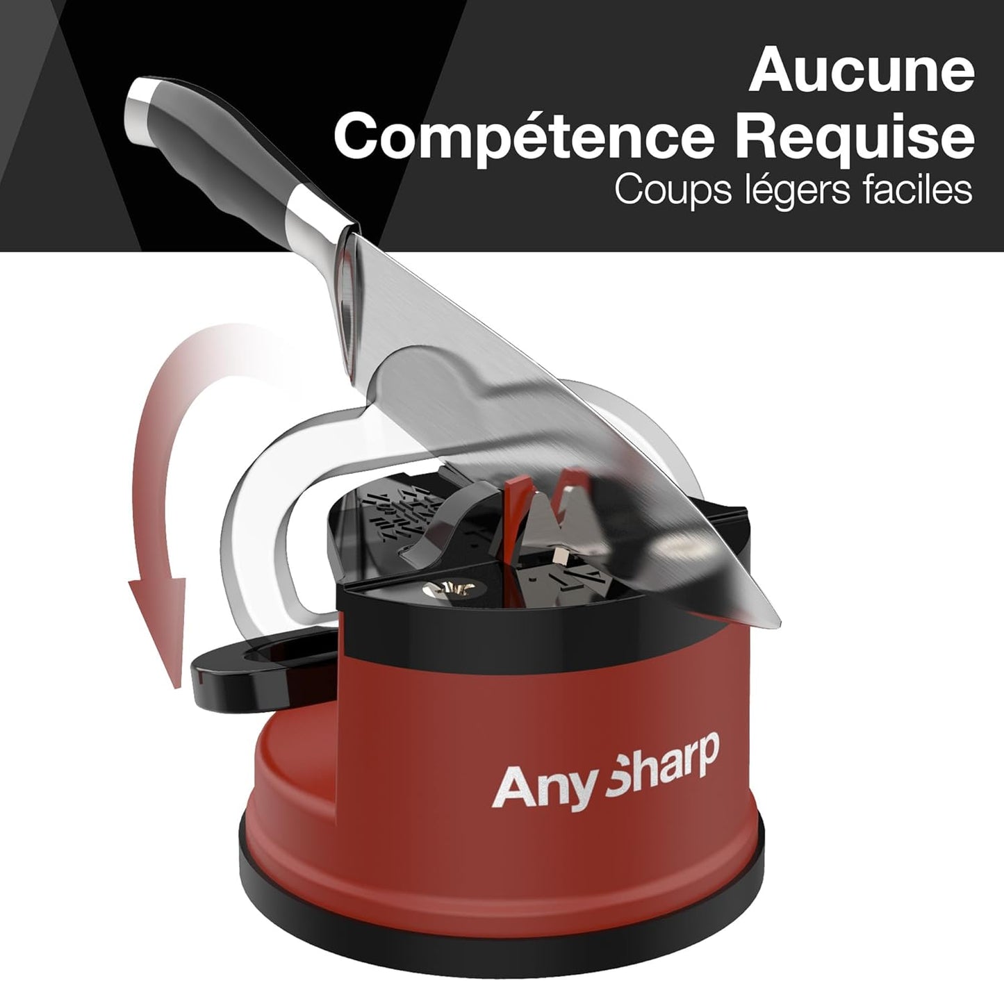 AnySharp – Global – Hands Free Knife Sharpener - Easy to Use Sharpening Tool with PowerGrip Suction Base and 20-Degree Pre-Set Angle - for All Knives: Chef's, Serrated, and Hardened Steel - Red