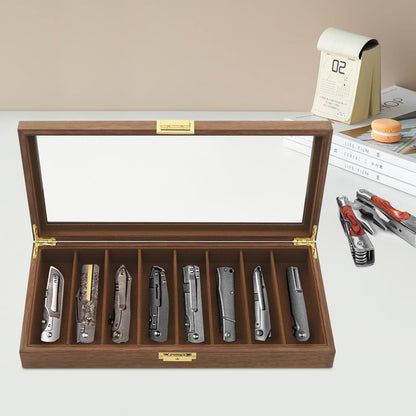 Single Tier Pocket Knife Display Case 8 Slot Lockable Knife Storage Box Knife Collection Display Holder with Transparent Glass Top & Drawer for Utility Knife, Camping Knife (Ebony Color)
