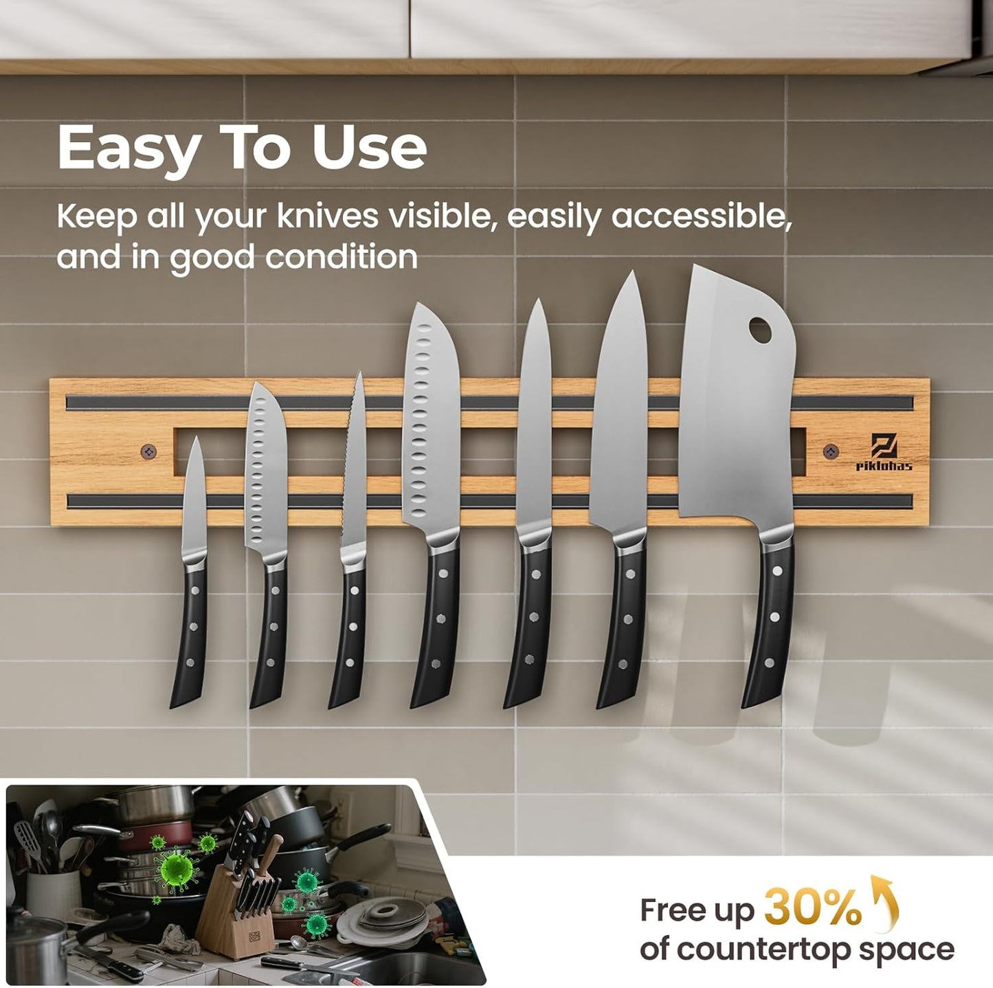 Extendable 32Inch Magnetic Knife Holder for Wall with Screw & Adhesive Mounting, Wood Magnetic Knife Strip from 16 to 32 Inch for Knife Bar, Knife Holder, Kitchen Utensil Organizer or Tool Room