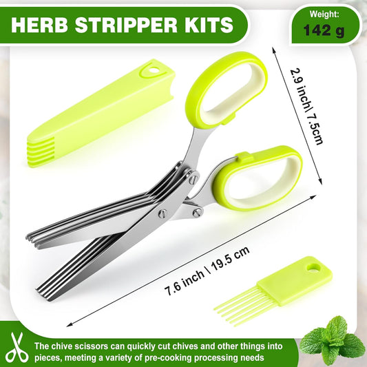 Remerry Herb Scissors 5 Blade with Cleaning Comb, Herb Stripper Bowl with 4 Hole Sizes, Cutter for Basil, Chives, Parsley, Kitchen Cutting Tool Set